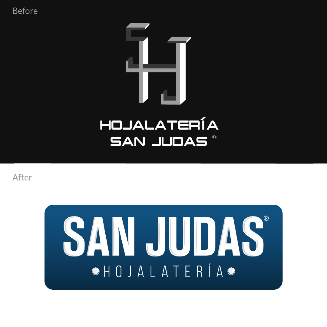 Antes y despues logo hojalateria san judas rebranding diseñador grafico oliver puente